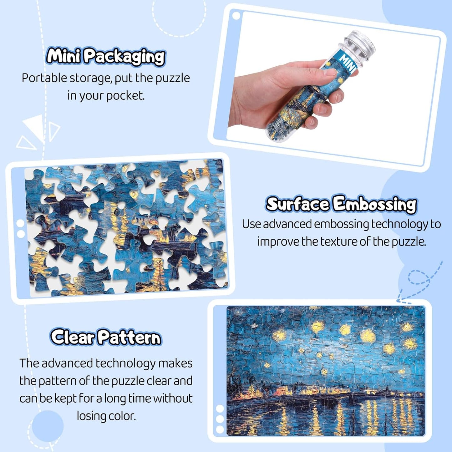 150 Piece Mini Jigsaw Puzzles for Adults & Kids, 6" x 4" Starry Night & More 3 Pack
