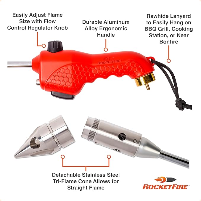 ROCKETFIRE Fire Starter Torch | Perfect Propane Torch Head, Grill Gun, Charcoal Torch | Compatible with Bernzomatic Propane & MAP/PRO Fuels | Tri-Flame Tip | Fuel NOT Included | Case Included | Red