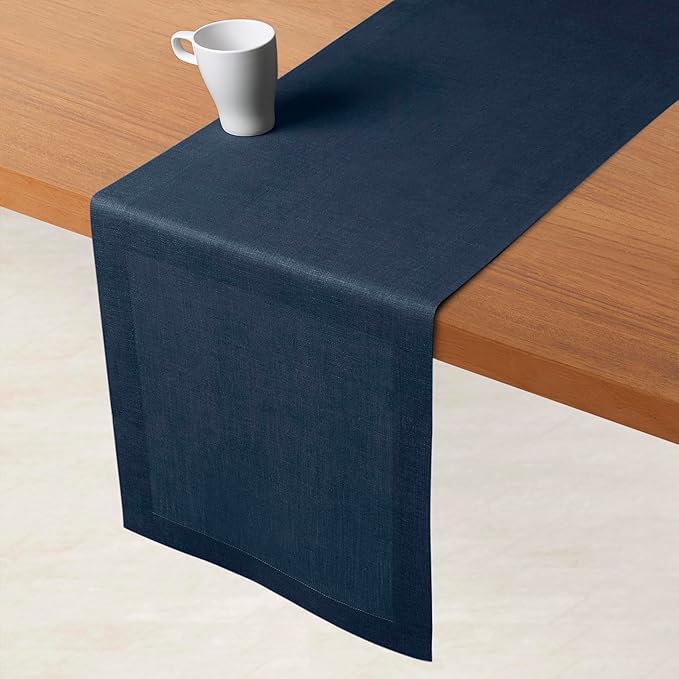 D'Moksha Homes Linen Navy Blue Table Runner 84 Inches Long - 100% Pure Linen 14 x 84 Inch Table Runner for Dining, Winter, Holiday - Machine Washable