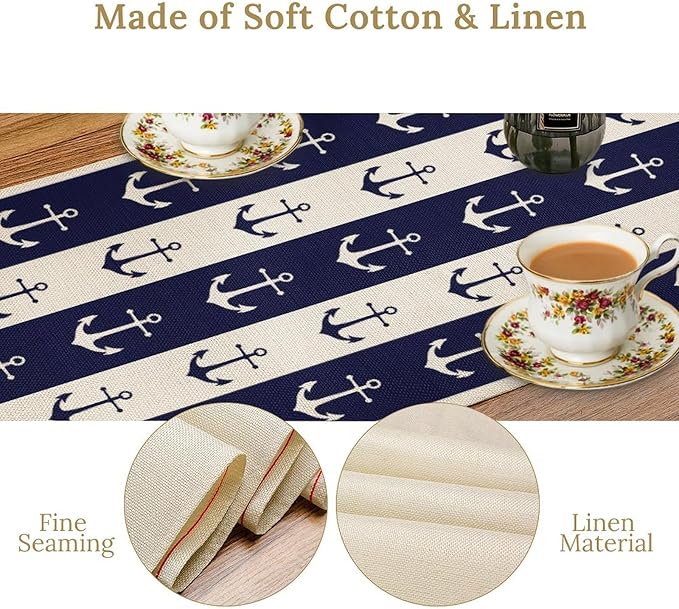 Nautical Anchor Table Runner, Ocean Beach Coastal Beach Stripe Background Theme Table Runner for Dining Kitchen Party Holidays Home 13x120in
