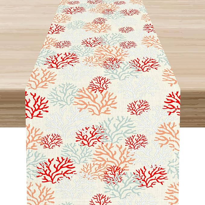 Coral Table Runner, Red Nautical Rustic Coastal Farmhouse Tropical Ocean Undersea Coffee Table Center Decor for Home Kitchen Dining Patio Holiday Party Table Decorations 13"x36"