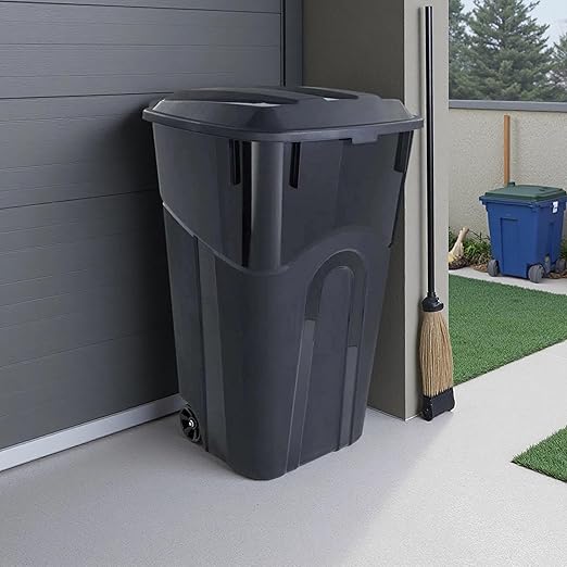 32 Gallon Heavy Duty Wheeled Plastic Garbage Can with Attached Lid and Easy Grip Handle – Bottom Hand Groove, Rugged Wheels, Indoor Outdoor Trash Can for Home, Kitchen, Yard, Patio (1)