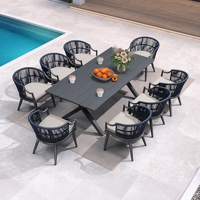PURPLE LEAF 9 Pieces Outdoor Dining Set All Weather Wicker Patio Dining Set with Rectangular Aluminum Table and Modern Armrest Dining Chairs for Garden Deck Backyard Kitchen, Grey