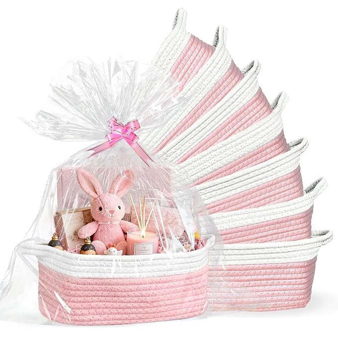 Succwoah 8 Pack Small Woven Baskets with Gift Bags & Ribbons & Cards, Cotton Rope Nursery Storage with Handles, 12"x8"x5", Empty Gift Baskets for Baby Shower, Christmas, Thanksgiving, Organizer (Pink)