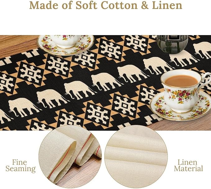 African Table Runner, African Art Elephants Geometric Tribal Ethnic Table Runner for Dining Kitchen Farmhouse Party Coffee Home 13x60in