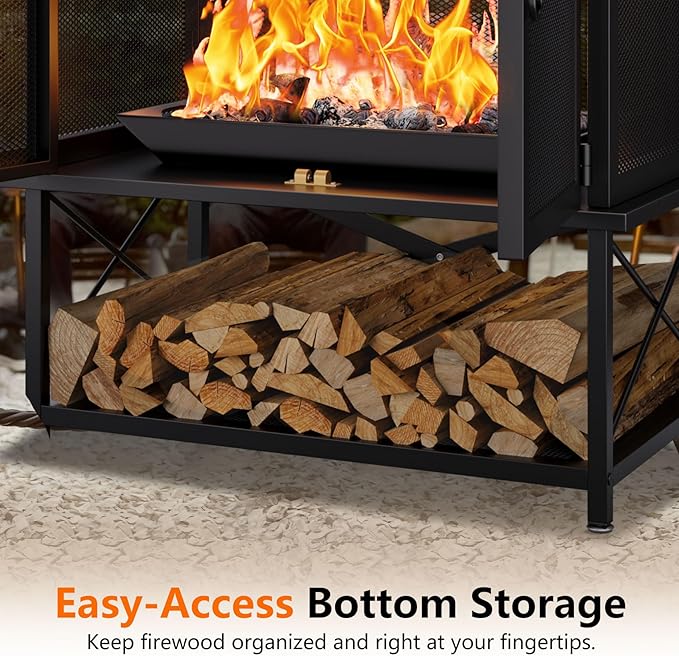 2-in-1 Metal Chiminea Fireplace with Grill,Wood Burning Outdoor Fireplace with Wood Storage, Chimney,Metal Mesh Spark Screen,and Fire Tongs Ideal for Yards,Patios, Gardens,Camping,and Picnics