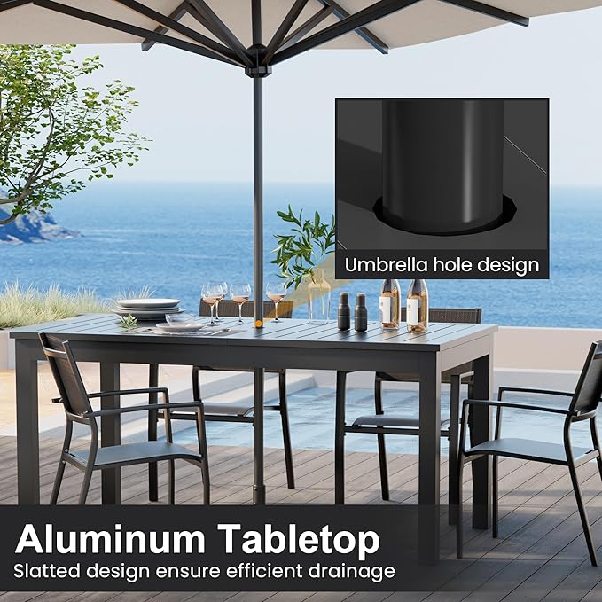 Expandable Aluminum Outdoor Dining Table, 3-Adjustable Lengths Patio Dining Table for 6-10 Person, 91.7" L x 33.5" W Metal Patio Table with Umbrella Hole Adjustable Feet for Garden Porch Deck, Grey