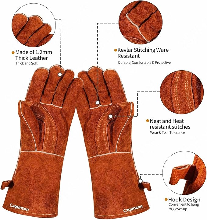 Leather Welding Gloves - Thick Premium Cow Split Leather, Heat Resistant, Welding, Grilling, BBQ & Fireplace
