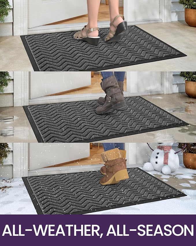 DEXI Front Door Mat Outside Entrance, Rubber Entry Doormat Heavy Duty, Welcome Mats Non Slip for Inside House Floor Entryway Back Doors Exterior Patio, 17x29, Chevron Dark Grey