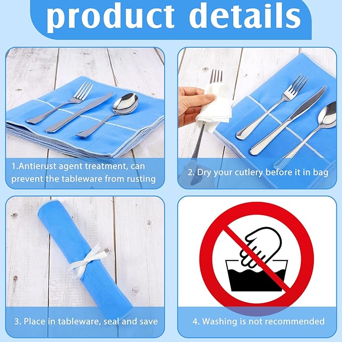 4 Pieces Anti Tarnish Silver Storage Bags silverware Blue Holder for Flatware Storage Organizer Place Setting Roll with White Ribbon for Kitchen Utensils