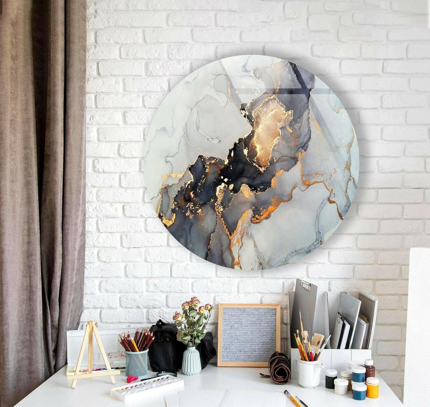 My Photostation.com 31.5''(80cm) Diameter Gold Details Gray Marble Round Glass Wall Art Tempered Glass Printing Wall Decor Large Wall Art Wall Hangings