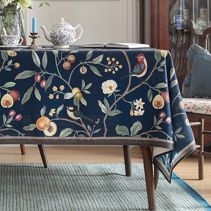 Linen Table Cloth Rectangle,Wrinkle Resistant French Blue Tablecloth Print with Froal,Decor Stitch Table Cloth for Thanksgiving,Dining Room,Home,Kitchen 63" × 94"-DeweyA Blue