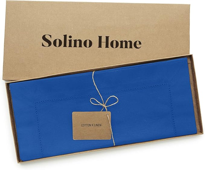 Solino Home Blue Hemstitch Table Runner 36 Inches - Cotton Linen Small Table Runner 14 x 36 Inch Ideal for Dresser and Coffee Tables