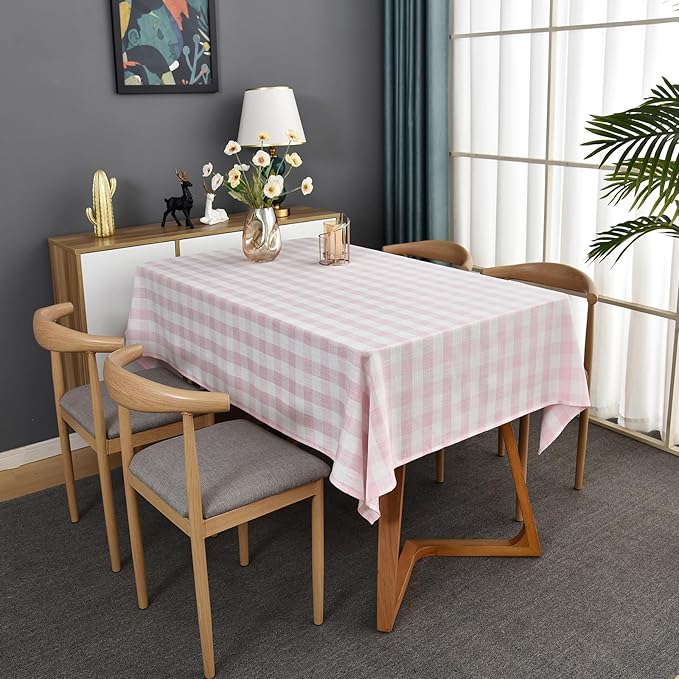 Gingham Table Cloth for Rectangle Tables Pink Checkered Plaid Tablecloth Heavy Duty Cotton Blend Washable & Wrinkle Table Cover for Outdoor Kitchen Dining Picnic Camping (52x120 Inch)