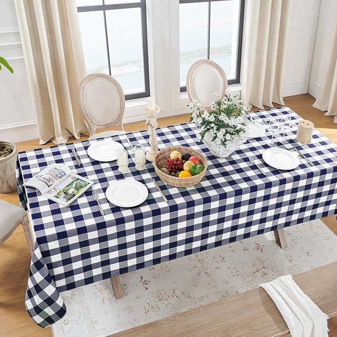 Softalker Gingham Checkered Tablecloth Rectangle - Outdoor Waterproof Buffalo Plaid Table Cloth, Stain Resistant Washable Table Cover for Picnic, Camping - Navy and White, 2 Pack - 60 x 84 Inch