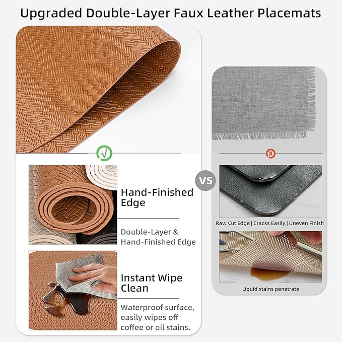 Round Faux Leather Placemats Set of 4 – 13 Inch Vinyl Table Mats, Heat Resistant, Non Slip, Wipeable & Washable, Easy to Clean Dining Table Decor for Kitchen & Dining Room – Cinnamon Brown