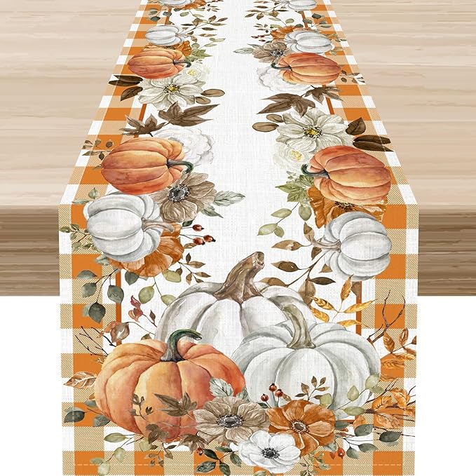 Fall Table Runner, Farmhouse Autumn Pumpkin Harvest Orange Buffalo Plaid Thanksgiving Rustic Coffee Table Center Decor for Home Kitchen Dining Patio Holiday Party Indoor Outdoor, 13"x108" Inch