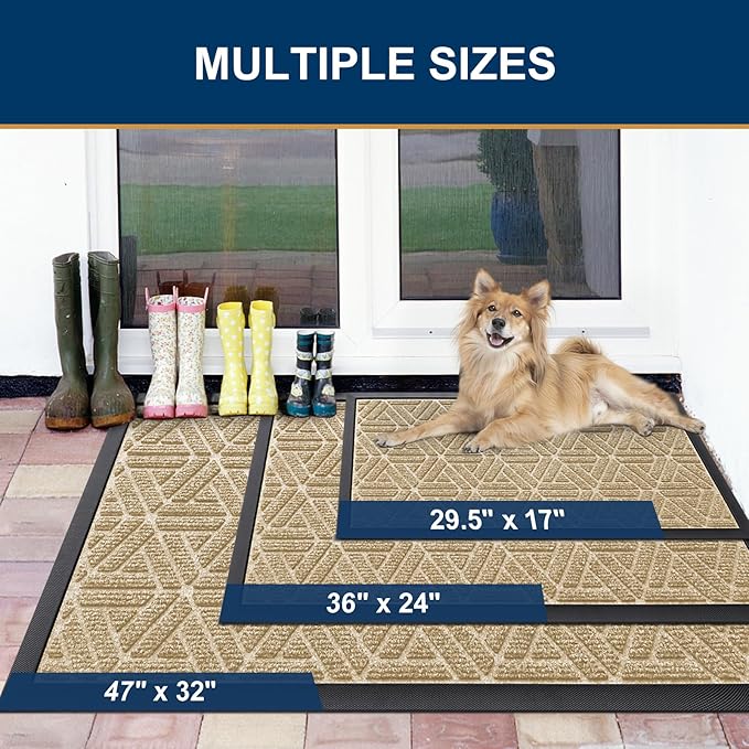 Smiry Front Door Mat Outside Entrance, Heavy Duty Sturdy Natural Rubber Doormat, Trap Dirt and Moisture, Easy Clean Low Profile Mats for Indoor Outdoor Entry, Grid Geometric (59x35, Beige)