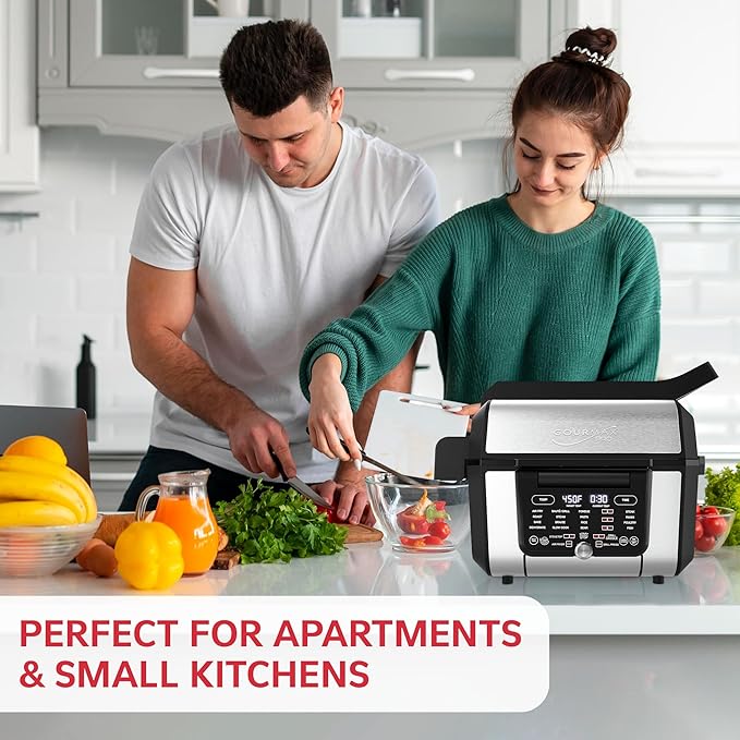 Foodgenie Gourmax Pro One Cooking Device - All-in-One Oven, Smokeless Grill, Air Fryer, Griddle, Cooker & More – 16 Preset Functions, Smart Temperature Control, Dual Surface, Dishwasher Safe, 1500W
