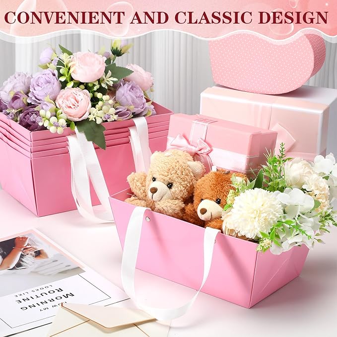 Glenmal 72 Pcs Baskets for Gifts Waterproof Empty Kraft Basket Bulk with Handles 9.8 x 6.5 x 4.3'' Gift Basket Empty to Fill for Wedding Party Christmas Valentines(Pink)