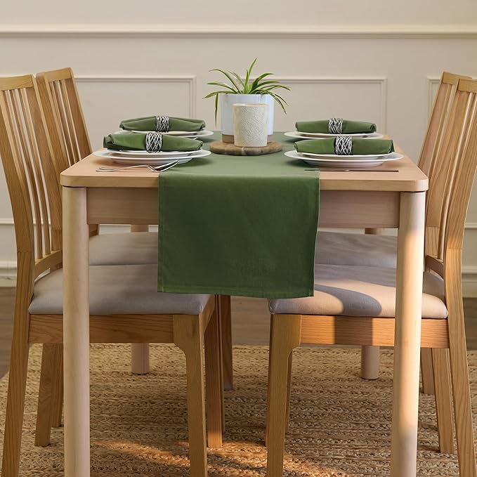 Encasa XO Table Runner 13"x72" Long | Cotton Canvas Fabric | Leaf Green Solid Color | Machine Washable & Durable