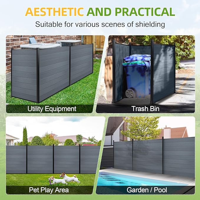Mondaria Fence Privacy Screen with 8ft In-ground Posts, 6ft(H) x36ft(W) Wood Plastic Composite Fence Panels Weather-Resistant Outdoor Fence for Backyard/Garden (Gray, 7 Posts)