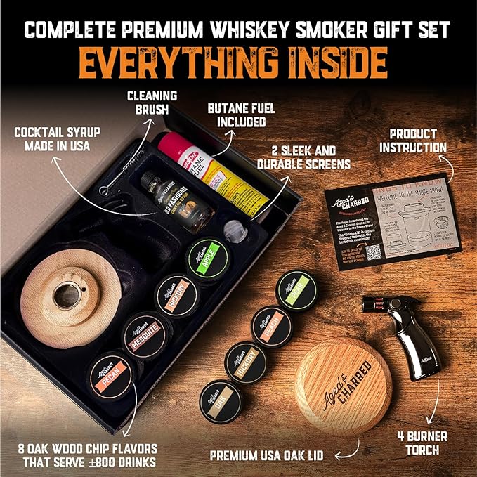 Whiskey Smoker Kit with Torch and Butane and Old Fashioned Syrup - 8 Flavors Wood Chips, 100% USA Oak, High-End Set - Old Fashioned Bourbon Cocktail Smoker Kit Gift for Men Dad