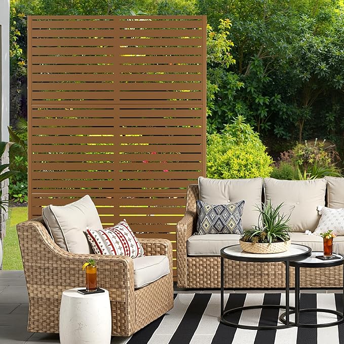 Metal Privacy Screen for Outdoor & Indoor Use, Free Standing Privacy Screen for Patio Garden Pool, 72" H x 47" W Decoative Privacy Panels, Weather Resistant, Easy Assembly (Brown Louvered)