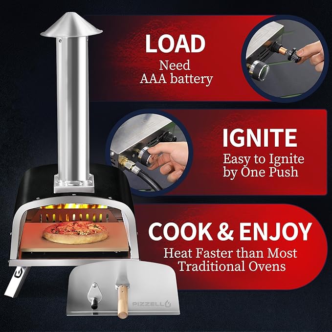 PIZZELLO 12" Outdoor Pizza Oven Propane and Wood Fired Pizza Maker Multi-Fuel Pizza Ovens with Gas Burner, Wood Tray, Stone, Pizza Peel, Cover, Forte Gas (Black)