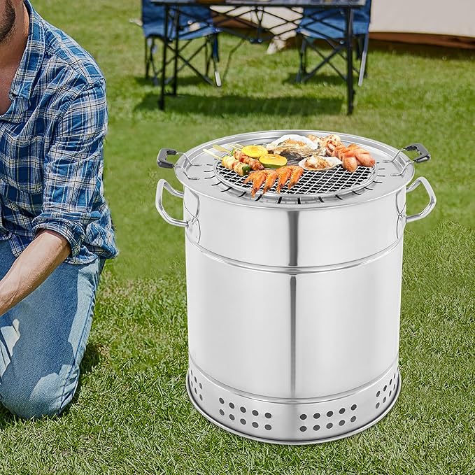 Barbecue Charcoal Barrel Grill, 28 Skewers Portable Stainless Charcoal BBQ Grill Barrel 360° Smokeless Outdoor Barbecues, Surround Charcoals Kebab Grills for Camping, Picnics, Party