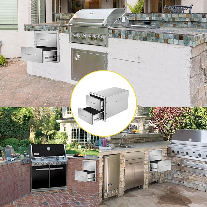 Outdoor Kitchen Drawers 14" W x 15" H x 23" D Flush Mount Double BBQ Drawers with Chrome Handle Stainless Steel Drawer for Outdoor Kitchen Island, Patio Grill Station
