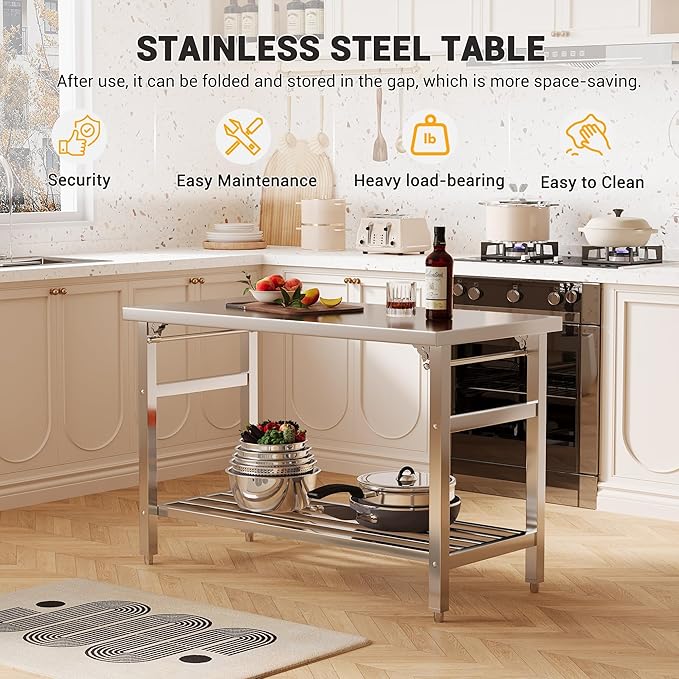 48''x24'' Stainless Steel Folding Preparation Table with Adjustable Undershelf, NSF Commercial Heavy-Duty Workbench, for Kitchen, Hotel, Home, Outdoor Cooking Table