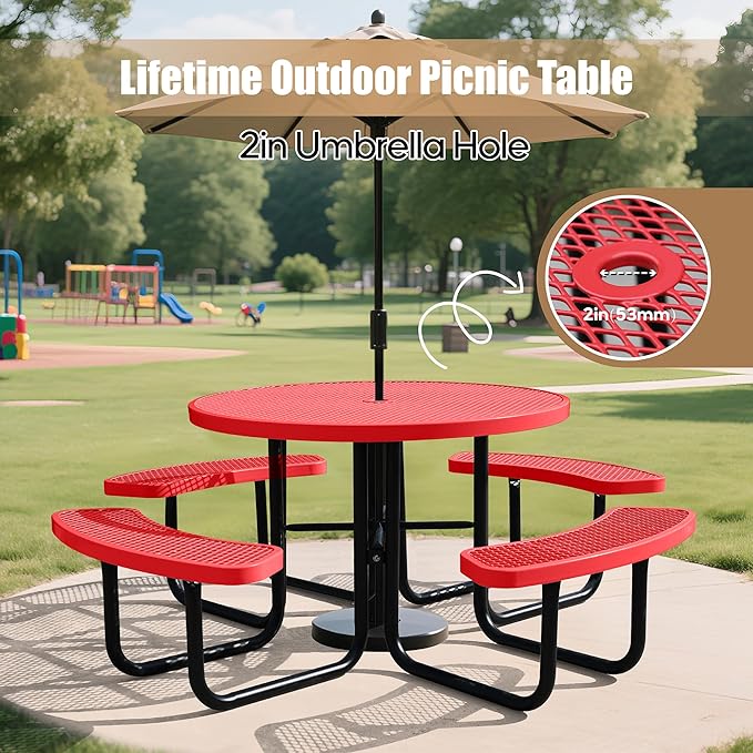 46'' Round Metal Picnic Table for Outdoors, Commercial Steel Metal Picnic Tables, Heavy Duty Sturdy Picnic Tables Furniture Set for Patio Garden Courtyard BBQ, with Umbrella Hole, Red