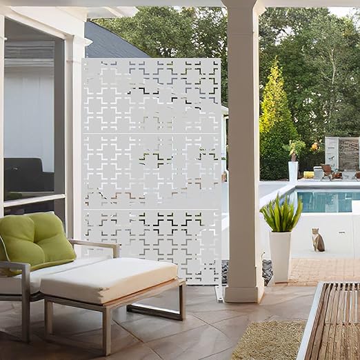 Casaphoria 72" H x 47" W Metal Outdoor Privacy Screen, Freestanding Decorative Divider for Patio, Deck, Balcony, and Garden with Stable Base, White Brick