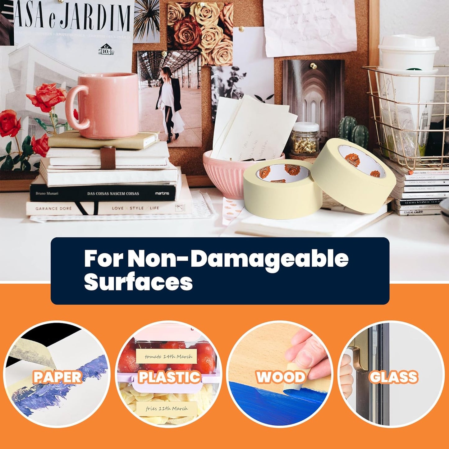 TAPEBEAR General Purpose Masking Tape 0.7 Inches x 60 Yards, Beige White Painters Tape for Painting, Labeling, DIY Arts Crafts, Home Office School Projects, 10 Rolls