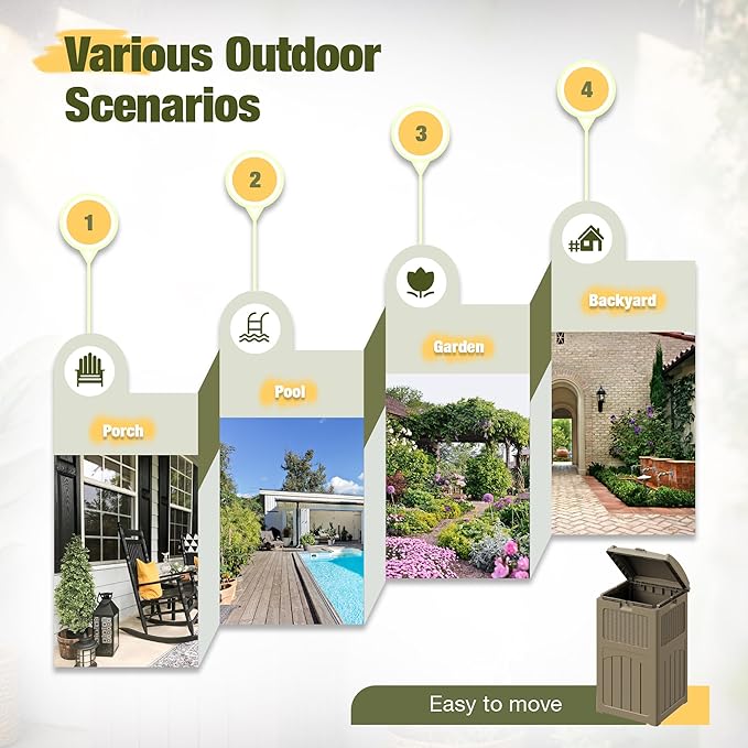 Devoko 33 Gallon Outdoor Trash Can, Hideaway Garbage Bins with Tiered Lid, Waterproof Resin Outside Waste Bins for Patio, Outside Pool, Backyard and Deck (1, Brown)