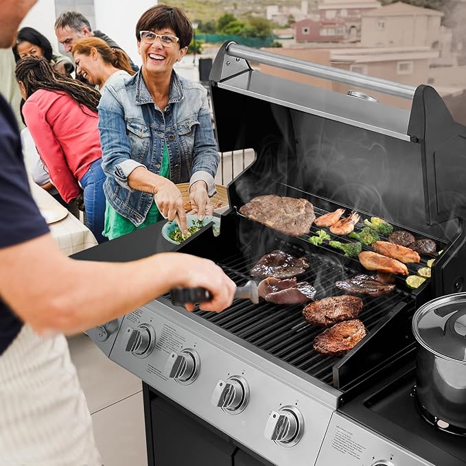 Lyromix 4 Burners Gas Grill with Side Burner, Propane Grill with Wheels and Storage, Outdoor Gas BBQ with Oil Tray and Thermometer for Patio and Party, 49200 BTU