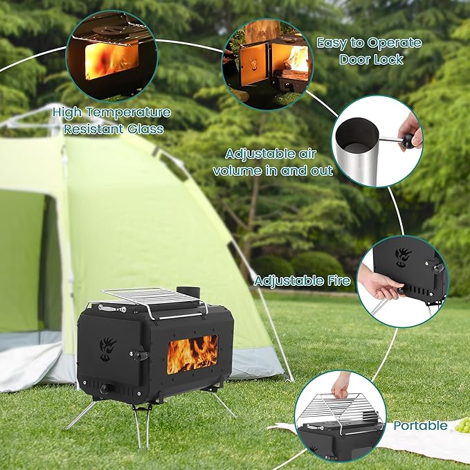 Wood Burning Stove, Hot Tent Stove, Folding Portable Wood Stove for Tent, Cooking, Hiking, Camping Wood Stove Includes Six Chimney Pipes and View Glass, Black
