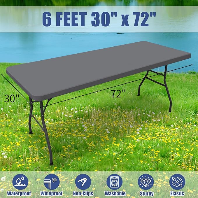 Spandex 6 Foot Rectangle Table Cloth 6 Pack, Elastic Fitted Tablecloths for Picnic, Stretch Washable Patio Table Cover for Outdoor, Camping, Banquet and Parties (Grey, 30"x72")