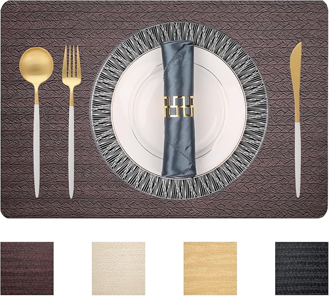 PIGCHCY Waterproof PVC Place Mats Set of 6, Non-Slip Faux Leather Placemats Rattan Pattern Surface Table Mats for Wedding/Birthday Party/Kitchen (18"x12", Brown)