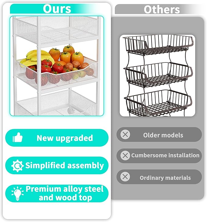 HapiRm Fruit Basket Kitchen Cart - 4-Tier Rolling Storage Cart with Wheels, Wood Top Utility Pantry Cart for Vegetables, Potatoes, Onions, Bread, Snacks