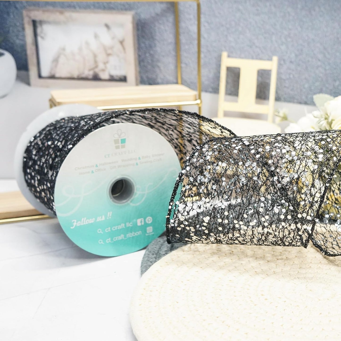 CT CRAFT LLC Sparkling Glitter Mesh Wired Ribbon 4" x 10 Yards Black for Christmas Home Decor Bow Gift Wrapping DIY Crafts Wreath