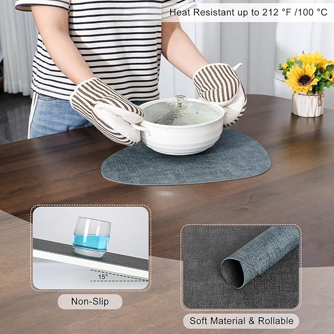 Placemats and Coasters, Washable Reversible Placemats Round Faux Leather Wipeable Place Mats Non Slip Heat Resistant Indoor Outdoor Table Mats (Set of 6, Gray Light Blue)