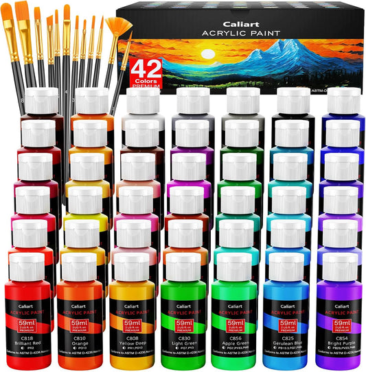 Caliart Acrylic Paint Set with 12 Brushes, 42 Colors (59ml, 2oz) Art Craft Paints Gifts for Adults Artists Beginners Painters, Halloween Pumpkin Canvas Ceramic Rock Painting Kit Art Supplies