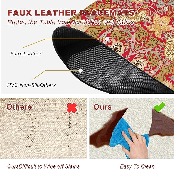 Strawberry Thief Red Placemats - Placemats Set of 4 Faux Leather Heat Resistant for Dinner Table, Non-Slip Waterproof Oil-Proof Washable Reusable Placemat for Indoor Outdoor Kitchen