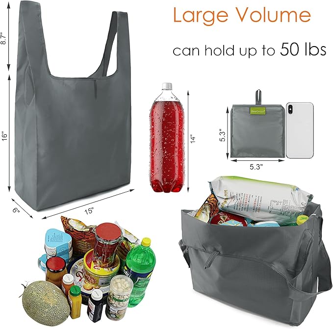 BeeGreen Grey Reusable Grocery Bags with Zipper Storage Pouch 10 Packs Gray Reusable Shopping Bags Bulk Foldable-Machine Washable