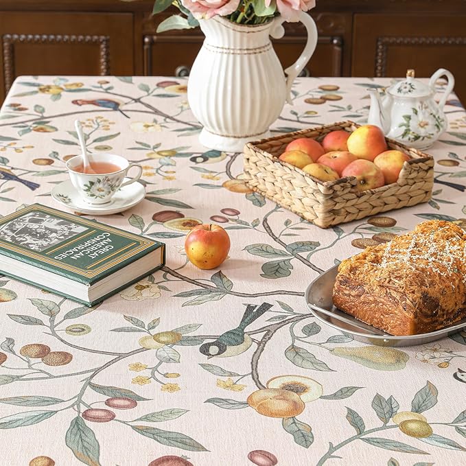 Linen Table Cloth Rectangle,Wrinkle Resistant French Pink Tablecloth Print with Froal,Decor Stitch Table Cloth for Thanksgiving,Dining Room,Home,Kitchen 67" × 118"-Dewey A
