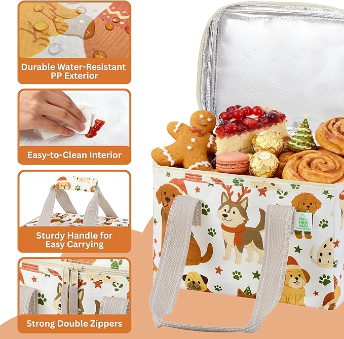 VENO 2 Pack Christmas Insulated Lunch Bag, Heavy Duty Insulated Grocery Bags, Small Cooler with Water-Resistant PP Exterior for Work, Picnic, Travel, Easy-Clean (Holiday Pups, 2 Pack)