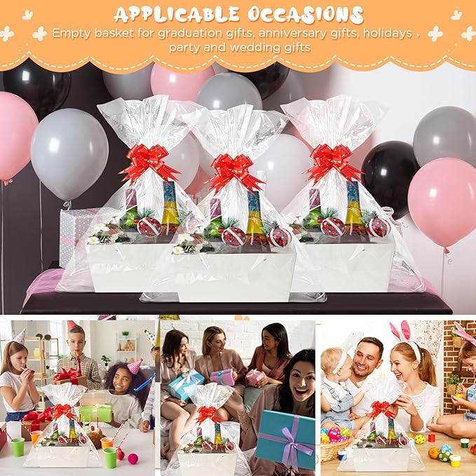 Tuanse 30 Pcs Basket for Gift Empty DIY Bulk Gift Basket Kit with Handle Kraft Cardboard Tray with 30 Bag 30 Bow Market Tray for Wedding Party(White,12.6 x 9.8 x 5.9 in)
