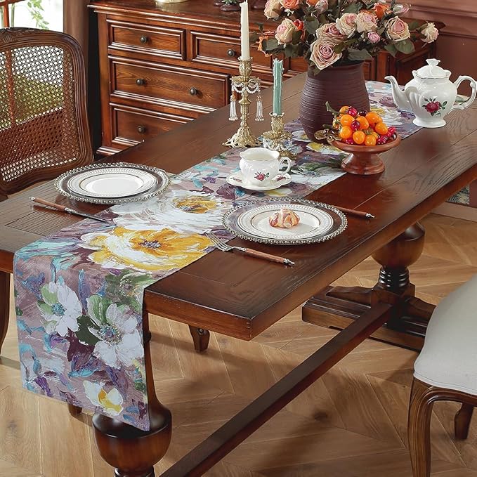 Double-Sided Table Runner - Reversible Oil Painting & Banana Leaf Design, Waterproof Linen Cotton for Dining Table Decor, Holiday Home Decoration（Pruple）